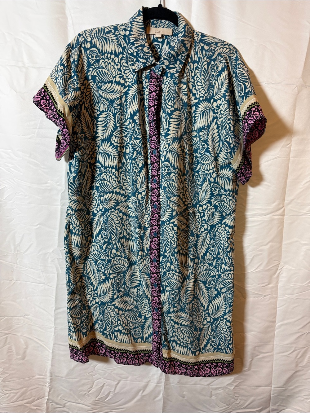 LOFT Teal and Cream Floral Button-Front Shirt Dress with Purple Trim